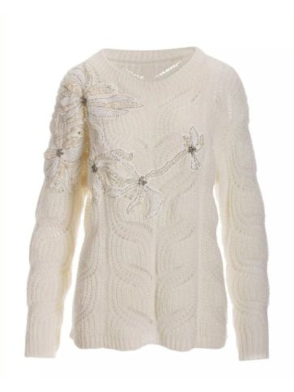 Boston Proper Pearl and Embellished Floral Open Stitch Sweater
